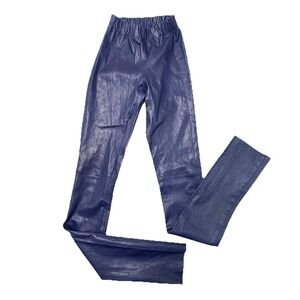 Joseph Lambskin Cuir Stretch Shine Leather Leggings Pants France Indigo Blue 34‎